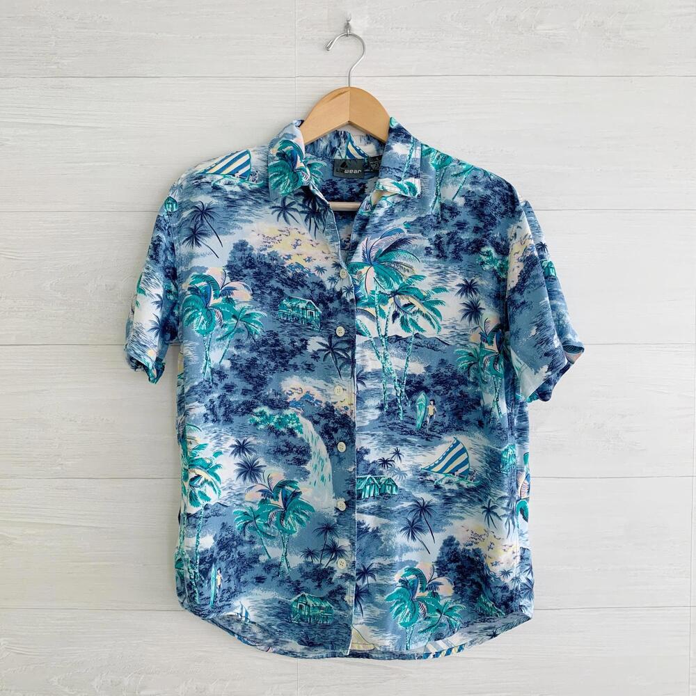 Vintage Lizwear - Blue tropical Hawaiian shirt shoulder pads, S